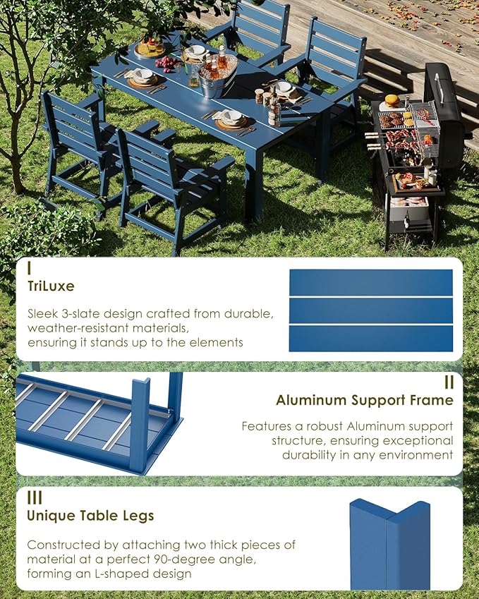 GREENVINES Outdoor Dining Table | 67’’ | HDPE | Rectangle Tables for 6 | All-Weather | Umbrella Hole | Patio Furniture | for Poolside Backyard Garden | Blue