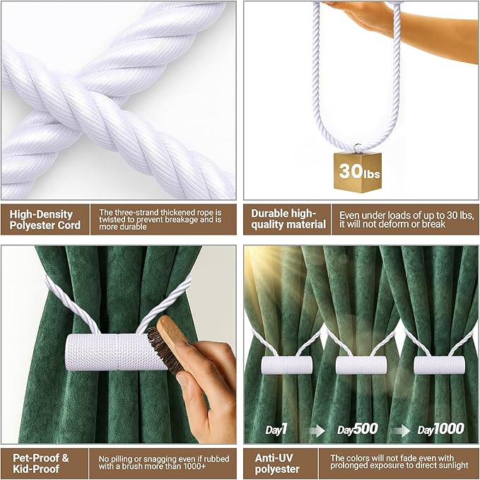 Hion Magnetic Curtain Tiebacks White 4 Pack, Curtain Tiebacks Buckles Holdbacks Holders Hooks Clip for Home Bedroom Office
