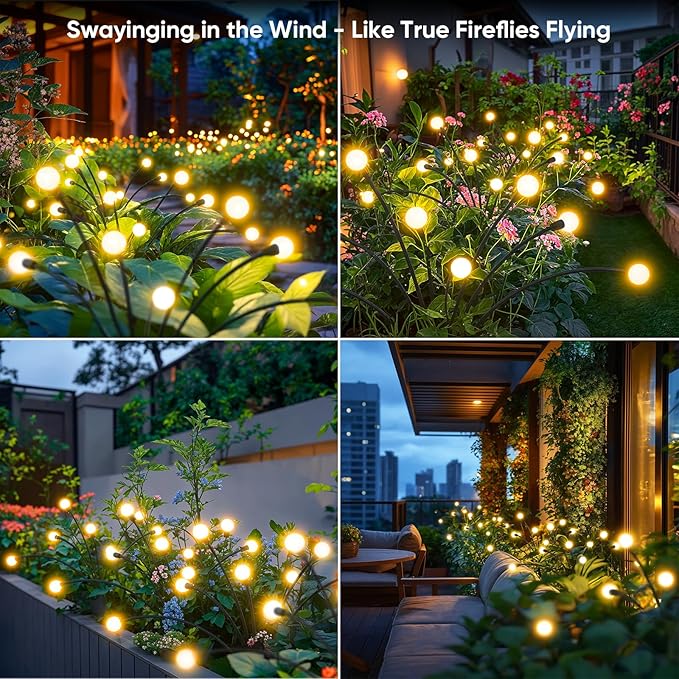 Outdoor Solar Garden Lights: 4 Pack 32 LED Firefly Solar Powered Lamps - Bright Outside Waterproof Pathway Lighting Modern Yard Patio Decorations - 2025 Gardening Gifts for Women Mom Friends