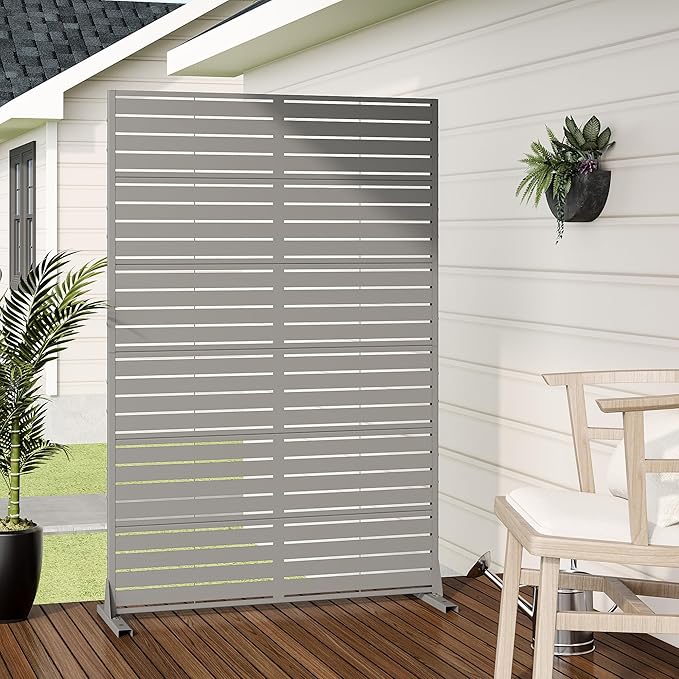 Casaphoria Metal Privacy Screen Outdoor, 72" H x 47" W Freestanding Decorative Privacy Screen for Patio Deck Balcony Garden with Stable Base, Grey-Louvered