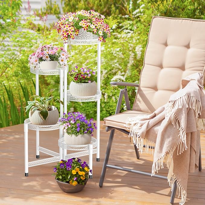 iDavosic.ly Plant Stand Indoor Outdoor, 5 Tier Corner Metal Flower Display Holder Shelf, Easy Assembly Folding Tall Orchid Rack for Patio Balcony Porch Garden Living Room House, Wrought Iron - White