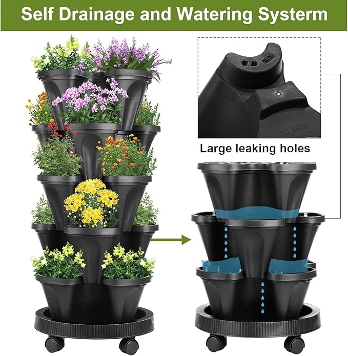 Umigy 2 Set 5 Tier Stackable Planters Vertical Garden Planters for Strawberry Herb Flower and Vegetable Indoor Outdoor Gardening Pots with Removable Wheels and Bottom(Black)
