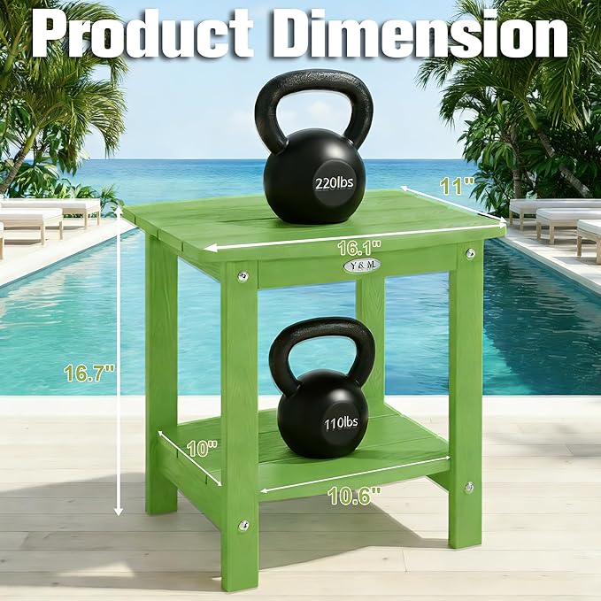 Y&M Outdoor Side Table, HIPS Adirondack Small Double Layer Table, Waterproof Square Outside Table, Balcony End Tables for Patio, Pool, Porch, Deck, Indoor or Outdoor Use, Lime