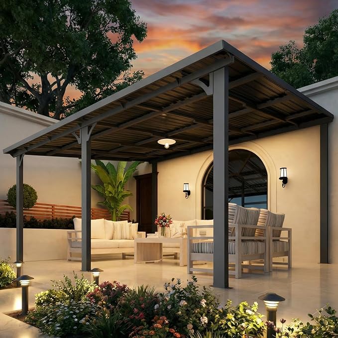 AECOJOY 12' x 14' Outdoor Hardtop Metal Gazebo for Patio, Large Lean to 14x12 Galvanized Steel Heavy Duty Wall Mounted Pergolas and Grill Gazebos Clearance, Patio Pergola Metal Roof Awnings for Decks