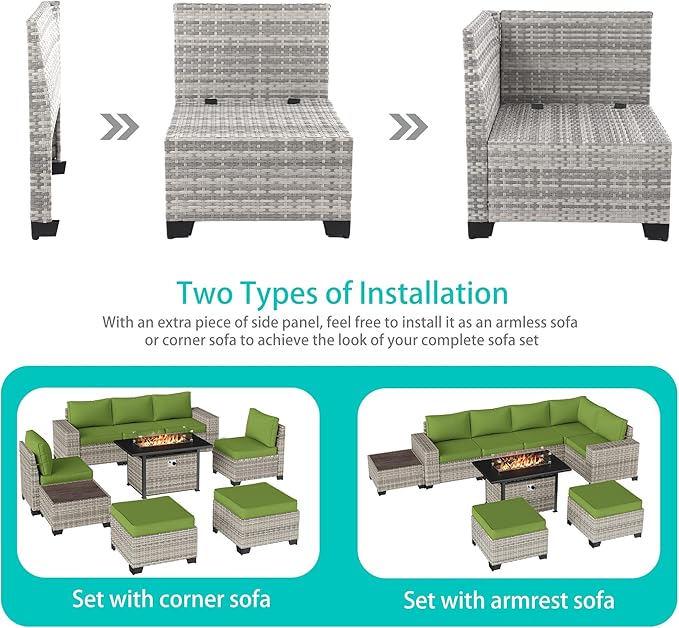 9-Piece Outdoor Patio Furniture Set with 55,000 BTU Fire Pit Table, PE Wicker Rattan Sectional Sofa Patio Conversation Set with Ottomans & Coffee Table, Avocado Green