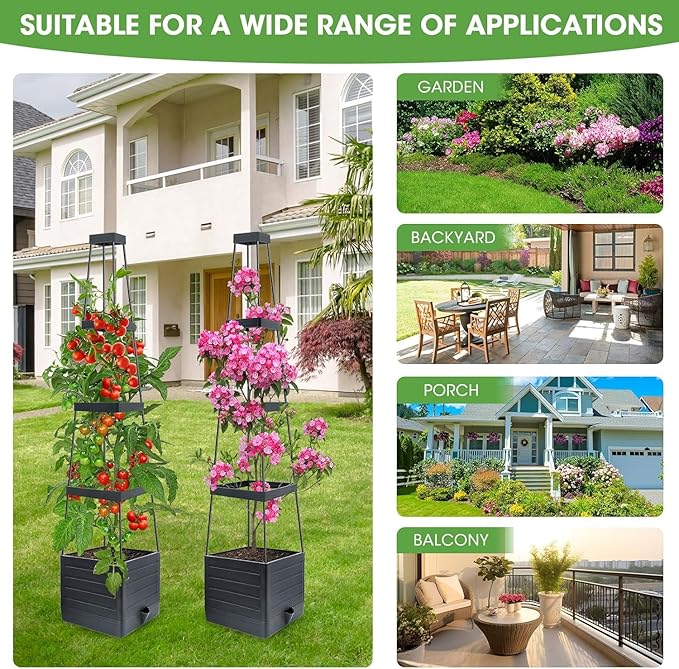 Raised Garden Bed 4 Packs, Planter Boxes with Trellis 58.3'' Tomato Planters for Climbing Vine Vegetables Flowers Plants Self Watering Tomatoes Cage for Outdoor Patio Greenhouse