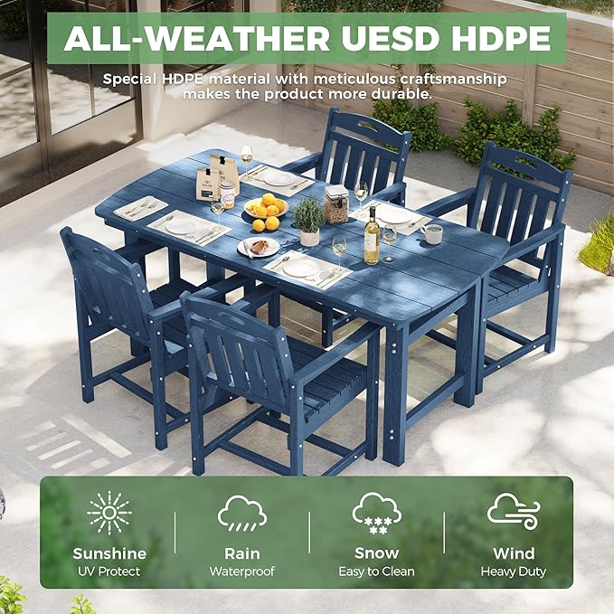 HDPE Outdoor Patio Dining Set with Table & 4 Chairs, All-Weather 5-Piece Outdoor Table and Chairs, 2" Umbrella Hole, Patio Furniture for Garden, Backyard, Deck | Navy Blue