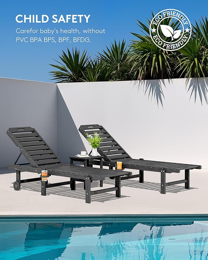 SERWALL Outdoor Chaise Lounge Chair, HDPE Patio Lounge Chair with Cup Holder, 5 Positions Adjustable Poly Lounger with Rolling Wheels for Poolside, Deck, Sunbathing, Grey