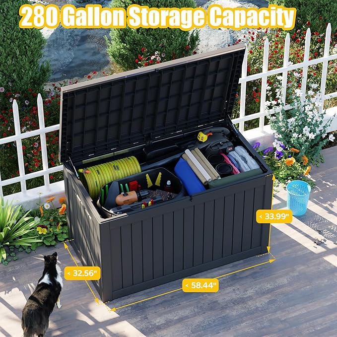 260 Gallon Outdoor Deck Box, Lockable Waterproof Outdoor Storage Boxes For Garden Tools,Indoor Cushions,Accessories Outside Storage Resin Weatherproof Container(Black)