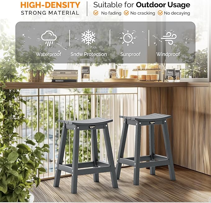 VINGLI 24 Inch Outdoor Bar Stools Set of 4, HDPE Weather Resistance Counter Height Bar Stools Durable Heavy Duty Patio Chairs for Bar Deck Balcony Kitchen Counter and Yard (Gray, 24 Inch 4 PC)