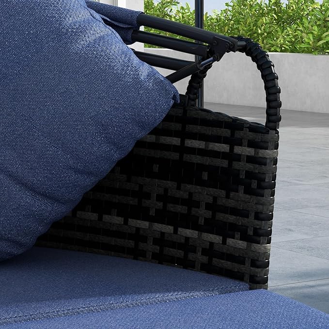 Outsunny 4-Piece Round Convertible Daybed with Cushions, Outdoor PE Rattan Patio Wicker Sofa Set, Sunbed with Adjustable Sun Canopy, Sectional Sofa, 2 Chairs, Table, 3 Pillows, Dark Blue