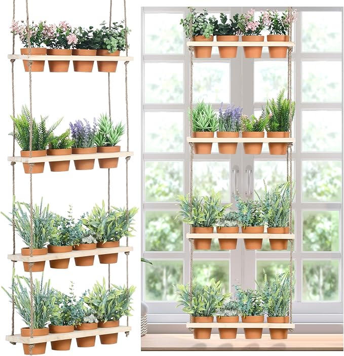 4 Tiered Window Plant Shelves Hanging Herb Planter Indoor Display with 16 Pcs Flower Pots Wood Window Plant Hanger for Grow Herbs Succulents Microgreens Seedling Organization