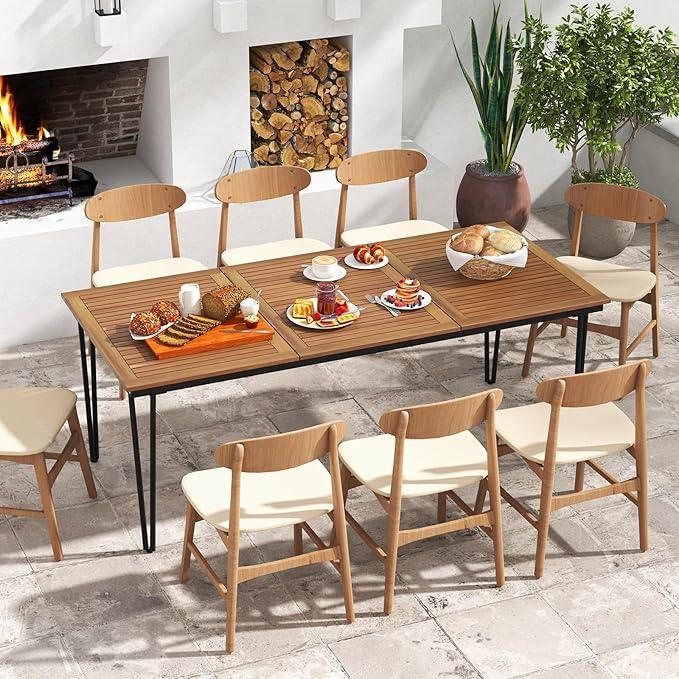 Tangkula 79 Inch Outdoor Dining Table for 8, Acacia Wood 8-Person Patio Table with 1.9 Inch Umbrella Hole, Metal Legs & Adjustable Foot Pads, Rectangular Outside Table for Garden, Poolside & Backyard