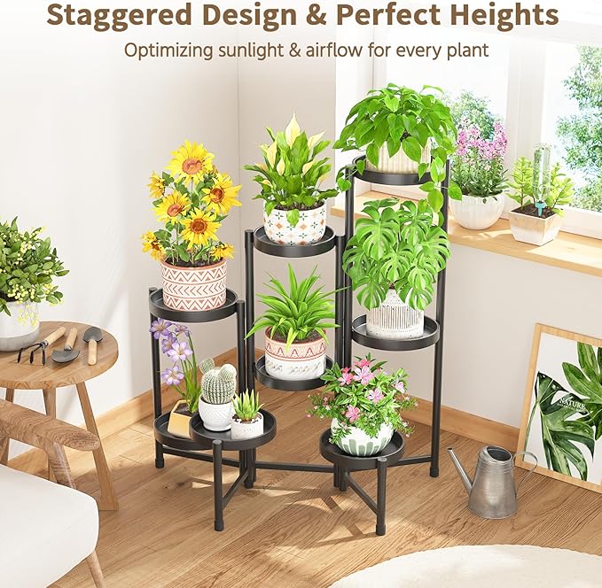 LASZOLA 8 Tiered Folding Tall Plant Stand Indoor for Multiple Large Planter, Heavy Duty Metal Adjustable Flower Rack for Narrow Corner, Sturdy Vertical Spiral Shelving Holder for Modern House, Black