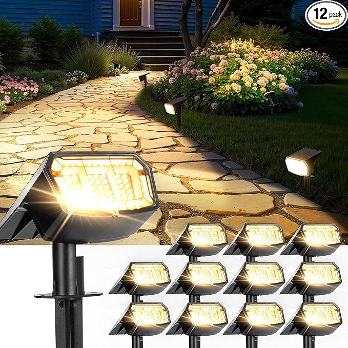 Solar Spot Lights Outdoor IP67 Waterproof 12 Pack, 63 LED 3 Modes Solar Landscape Spotlights for Yard Garden Pathway Wall House Garage (Warm White)