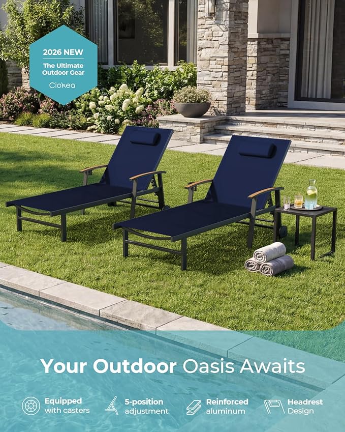 Ciokea Outdoor Lounge Chair with Pillow, 5-Position Aluminum Chaise Lounge with Wheels & Armrests, 400 lbs Heavy Duty Patio Pool Chair for Deck, Backyard, Beach & Poolside, Navy Blue