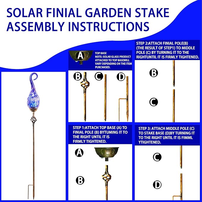 Garden Solar Lights Outdoor, Decorative LED Pearlized Glass Spiral Garden Stake with Finial, Hand Blown Glass and Metal Outdoor Decoration, 3 x 36 Inch (Dark Blue)