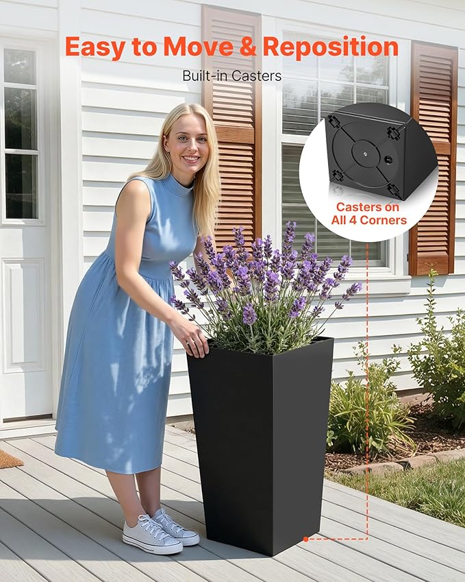 VEVOR 30 inch Tall Planters for Outdoor Plants Set of 2, Black Tall Planter for Indoor Plants, Modern Large Planters for Front Porch Patio Balcony, Plant Container Flower Pots with Built-in Drainage