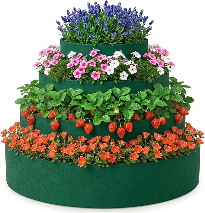 4 Pcs Plant Grow Bags 4 Tiered Strawberry Planter Tower Fabric Raised Garden Beds, 39 Inch Nonwoven Strawberry Pyramid Planter for Vegetables Flower Herbs Gardening Outdoor Growing (Green)