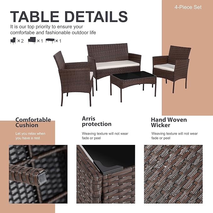 Shintenchi 4 Piece Outdoor Patio Furniture Set, Wicker Rattan Patio Conversation Set, Outdoor Chairs and Loveseat with Coffee Table for Porch, Yard & Poolside (Brown)