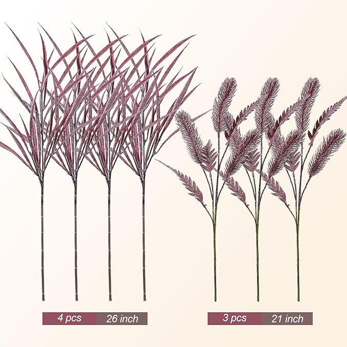 7 PCS Artificial Stems Fake Plants for Spring Summer Decor, 26 in Fake Leaves Greenery Branches Purple Silk Flowers Faux Foliage DIY Stems for Vase Home Kitchen Farmhouse Indoor Table Centerpiece