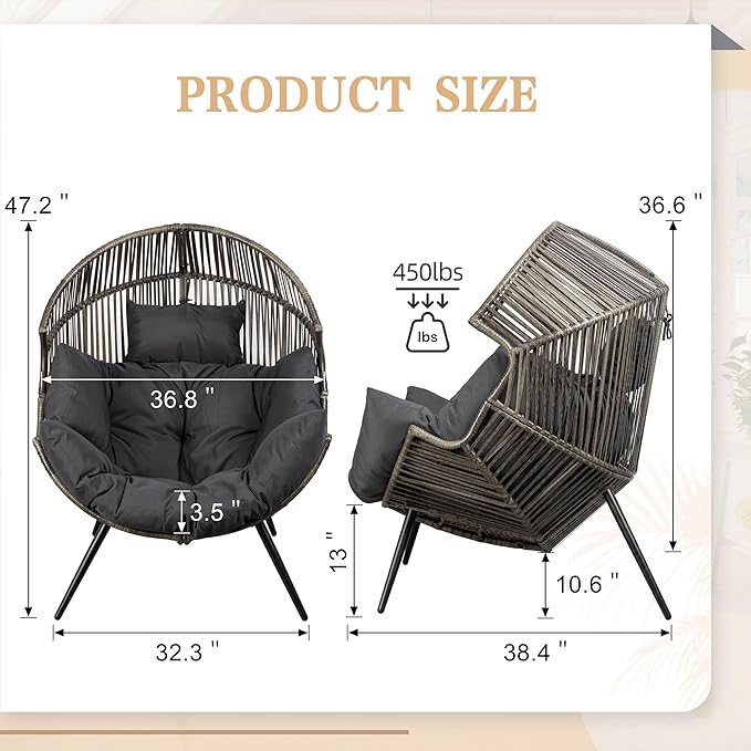 Vongrasig Wicker Egg Chair PE Rattan Chair with Cushion, Oversized Patio Lounge Chair for Outdoor, Indoor, Balcony, Backyard, Garden, Living Room, (Black/Rattan)