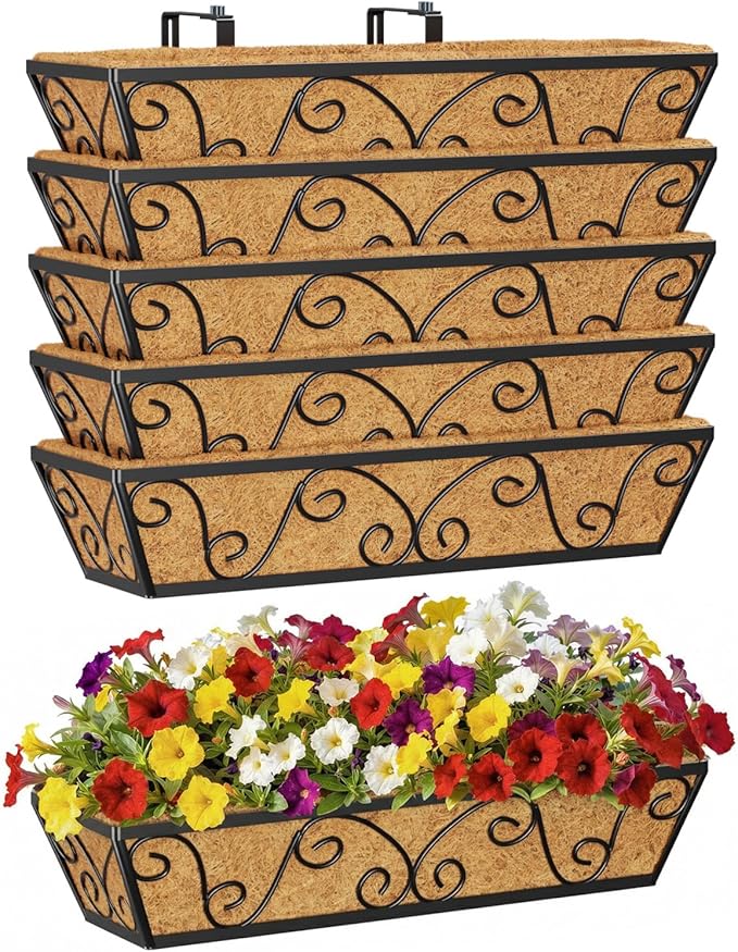 6pcs 24 Inch Window Deck with Coco Liner, 24" Window Boxes Horse Trough with Coconut Coir Liner, Metal Hanging Flower Planter Window Basket Deck Railing Planter Boxes for Outdoor Indoor Lawn