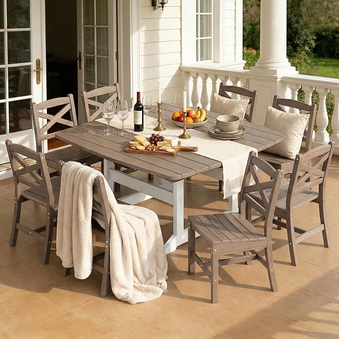Outdoor Dining Set, HDPE 9-Piece Patio Table and Chairs Set, All-Weather Outdoor Dining Table Set for 8 with Umbrella Hole, Durable Patio Furniture Set with Chairs,White Brown