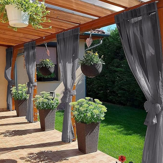 SpaceDresser Waterproof Outdoor Sheer Curtains for Patio - 4 Panels Rod Pocket Indoor Voile Sheer Curtain for Living Room,52W x 84L inch, Grey