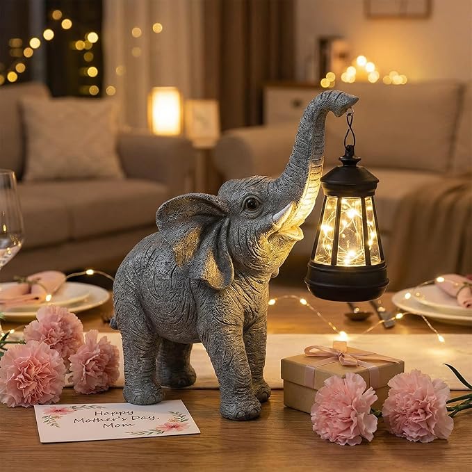 Solar Garden Statue Lights Elephants Figurine with Solar Lantern, Outdoor Yard Decorations for Patio Porch Home, Mothers Day Decorations Gift for Women - Unique Housewarming Gifts