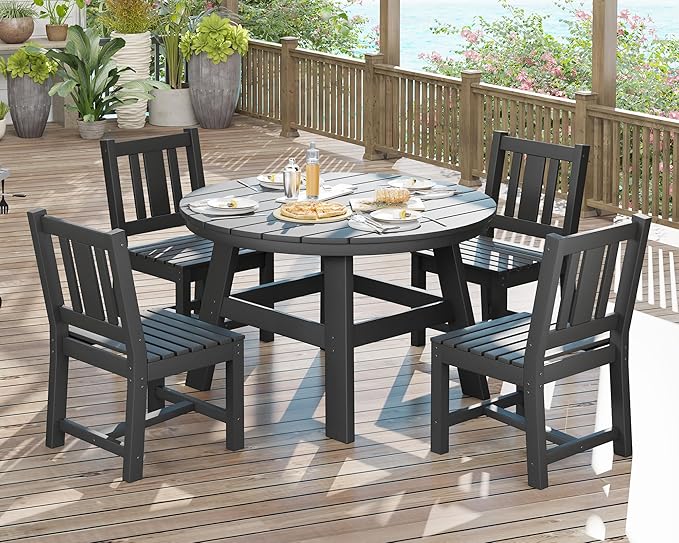 AMERLIFE 5 Piece HDPE Outdoor Dining Table & Chairs Set, All-Weather Patio Table and Chairs Set Furniture with Umbrella Hole for Garden, Backyard, Poolside, Seaside, Black