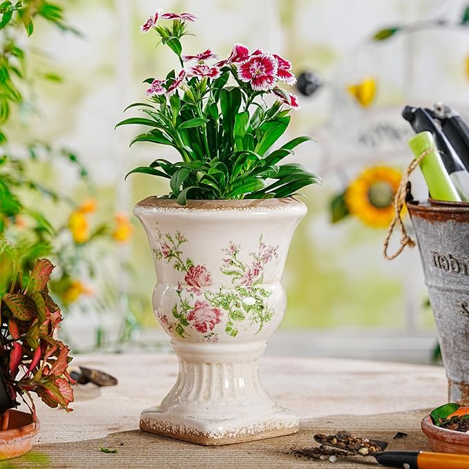 Sungmor Small Ceramic Urn Planter - Pink Scroll Floral Pedestal Flower Pot, Decorative Vintage Chinoiserie Style Planters, Tuscan Accent Vase Indoor Outdoor Plant Holder with Drainage