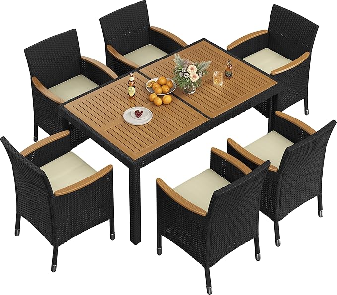 Yaheetech 7 Piece Patio Furniture Set, Outdoor Dining Acacia Wood Table Top Rattan Conversation Set with Soft Cushions, 6 Chairs & 1 Table for Backyard, Deck, Garden & Yard, Black/Beige