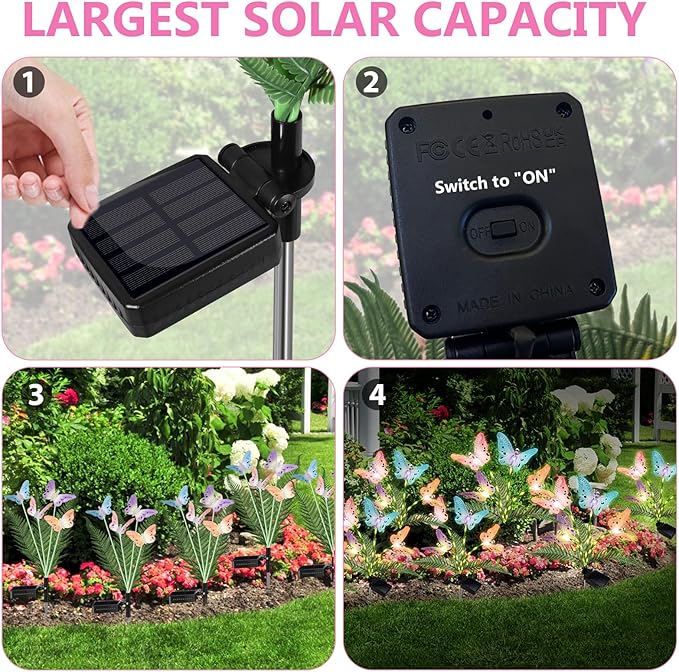 Solar Lights Outdoor Decorations Waterproof Newest Solar Garden Lights with Glowing Stems, 7-Color Changing Butterfly Flower Light for Outside Yard Pathway Garden Decor, Gift for Mother,2Pack