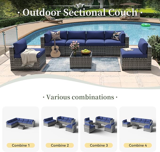 Aoxun 7 Piece Patio Furniture Set Wicker Rattan Patio Conversation Set Outdoor Sectional Sofa Set with Coffee Table and Thickened Cushions, Gray/Blue(Waterproof Cover Included)