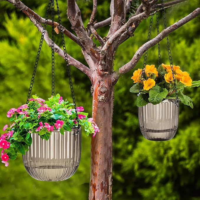 Maxcheck 4 Pcs Self Watering Hanging Planters Indoor Gift 6.5'' 4.5'' Hanging Flower Pots Baskets Outdoor Self Watering Plant with 3hooks Drainage Holes for Home(Gray)
