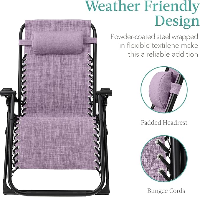 Best Choice Products Oversized Zero Gravity Chair, Folding Outdoor Patio Recliner, XL Anti Gravity Lounger w/Removable Cushion, Cup Holder, Side Tray, 350lb Capacity - Lavender