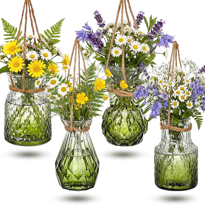 4 Pcs Stained Glass Hanging Vases Hanging Glass Planters Small Plant Terrarium Pot Containers with Rope for Garden Home Indoor Outdoor Decor, 4 Styles (Trendy)
