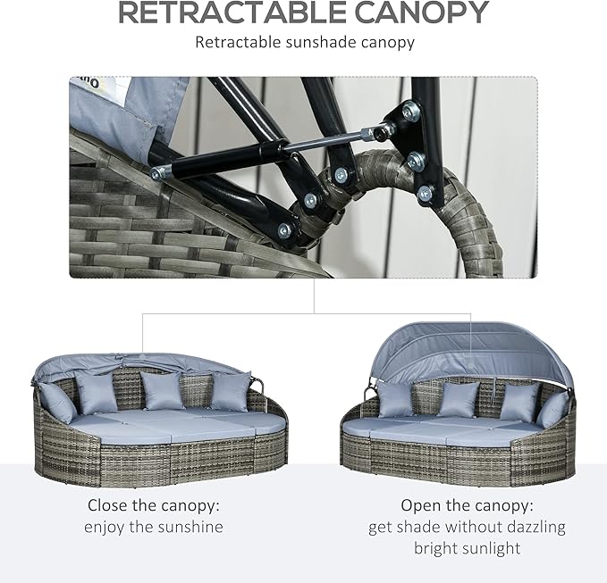 Outsunny 4-Piece Outdoor Rattan Furniture Set, Round Convertible Patio Daybed or Sunbed, Sectional Sofa with Canopy, Pillows, Cushions, Footrest, Table, PE Plastic Wicker, Light Gray