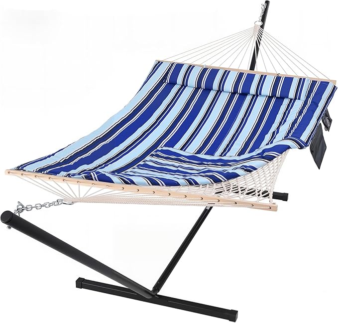 SUNCREAT Double Hammock with Stand, Two Person Cotton Rope Hammock, Blue Stripe