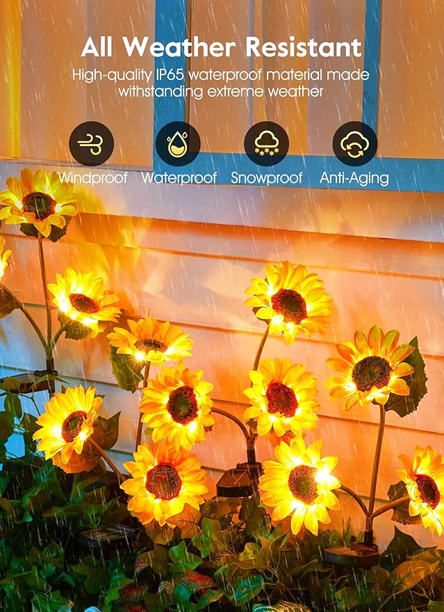 Brightown Outdoor Solar Garden Lights - 4 Pack LED Flower Lights with Larger Sunflowers, Bigger Solar Panel, Waterproof for Outside Yard Patio Garden Decorations