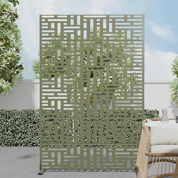 Casaphoria Metal Privacy Screen Outdoor, 72" H x 47" W Freestanding Decorative Privacy Screen for Patio Deck Balcony Garden with Stable Base, Green-Helen