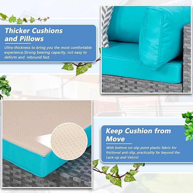 Shintenchi 7 Pieces Outdoor Patio Furniture Sets, Patio Sectional Sofa Couch, Silver Gray PE Wicker Furniture Modular Patio Conversation Sets Patio Sofa with Washable Cushions & Coffee Table (Blue)