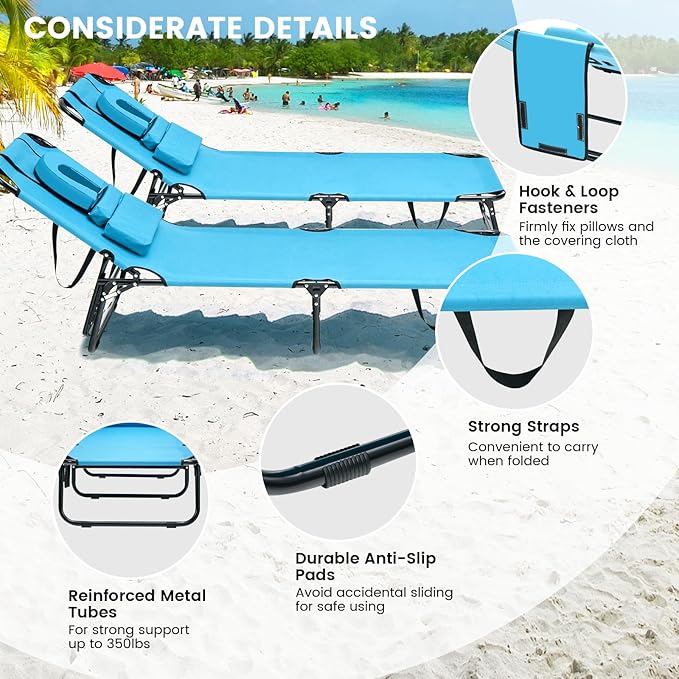GYMAX Tanning Chair, 350lbs Beach Lounge Chair with Face Hole, Detachable Washable Pillow & Carry Strap, Adjustable Folding Chaise Lounge, Layout Chair for Outside, Patio, Poolside, Lawn (1, Arctic)