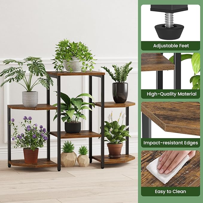 Plant Stand Indoor, Multiple Plant Shelf Corner Rack, 6 Potted Plant Stand, 6 Tiers Large Flower Holder, Planter Display Rack for Patio Balcony Living Room Bedroom Decor, Rustic Brown
