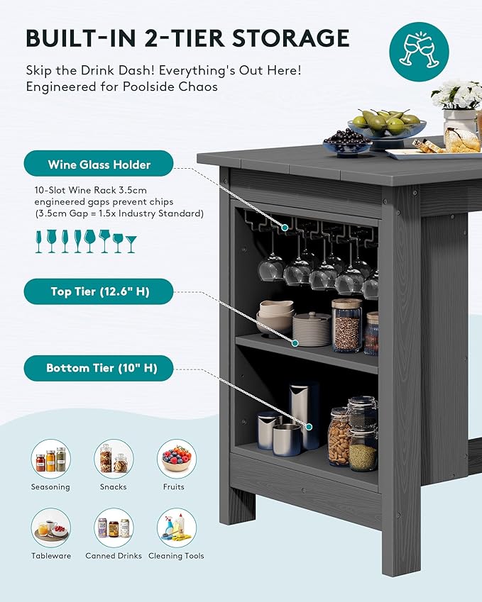 SERWALL 8-Piece Counter Height DiningTable Sets with Storage and Wine Rack, HDPE 2 Rectangular Bar Table with Bar Stools Set of 6 for Garden, Backyard, Kitchen, Gray
