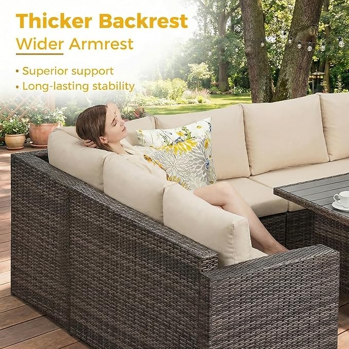 Wisteria Lane 7 Piece Patio Furniture Set, Wicker Patio Sectional with Wide Armrest, All Weather Outdoor Dining Set, Outdoor Furniture Patio Conversation Set with Ottoman, Brown