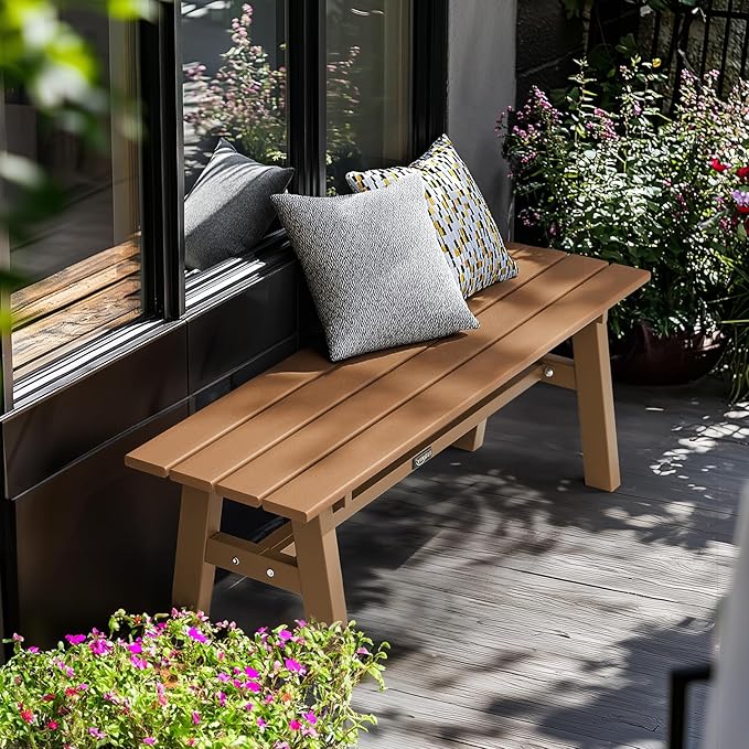 VINGLI 47” Outdoor Bench Garden Bench HDPE Porch Bench w/Metal Legs, Poly Lumber Patio Bench, 660 LBS Capacity Outdoor Backless Bench(Teak)