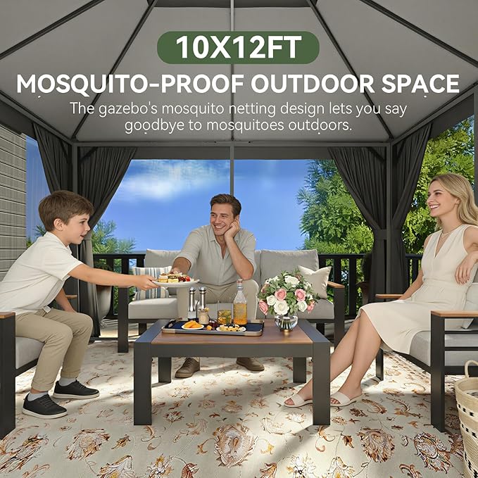 Aoxun 10x12 Outdoor Gazebo with 50FT LED Hanging Lights Metal Frame Canopy with Double Roofs Heavy Duty Party Tent and Shelter with Mosquito Netting and Privacy Screen for Backyard, Lawn, Garden(Gray)