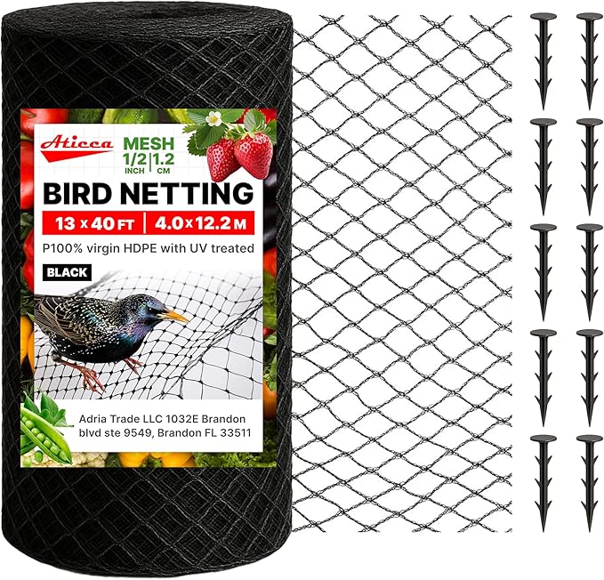 Heavy Duty Bird Netting for Garden Protection & Fruit Trees, 13x40 Ft with 10 Stakes – Black Anti-Bird Net for Poultry, Deer, & Squirrel Protection, Durable Nylon Mesh for Garden and Yard Use